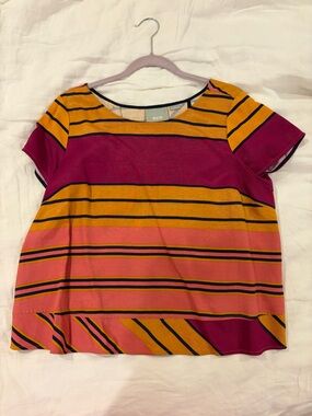 Maeve Striped Short-Sleeve Top in Magenta, Coral & Mustard